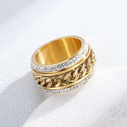 Elegant Shiny Zircon Twist Pattern Rings for Women Gold Color Stainless Steel Knuckles Charm Ring Party Engagement  Jewelry Gift