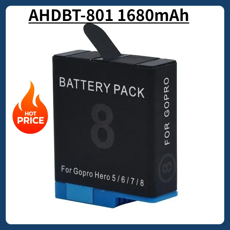 Paquete de 2 baterías de AHDBT-801 para GoPro Hero 8 7 6 5, batería recargable de iones de litio de 1680mAh con protección segura, batería de grabación larga