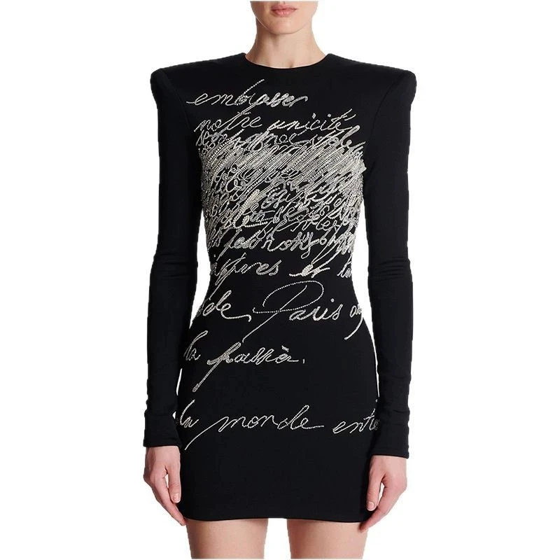 Spring And Summer High Street Fashion Heavy Industry Letter Nail Bead Inlaid Diamond Slim Fit Elastic Long Sleeved Dress