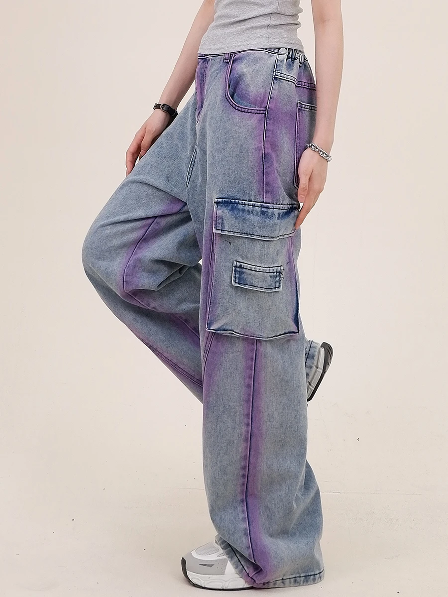 Colored Large Pocket Workwear Jeans for Women in Spring 2024, New Loose Fitting BF American Fashion Brand Wide Legs