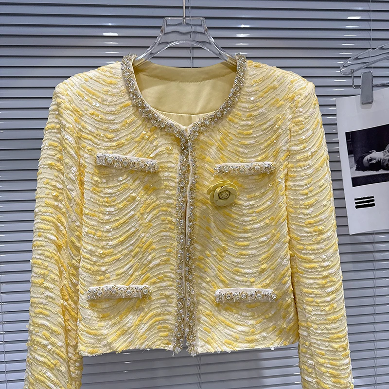 Women's Small Fragrant Style Sequin Tweed Jacket Spring 2026 New Embroidered with Brooch Elegant Sparkly Beaded Short Jacket