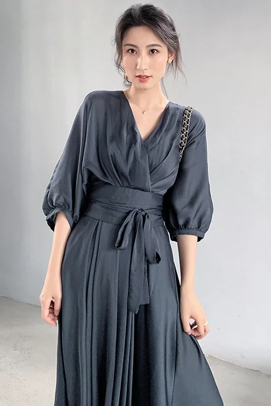 Elegant Summer Dress Satin Smoke Grey Surplice Wrap Knot Half Sleeve High Waist Party Dresses Women Clothes 2024 Autumn