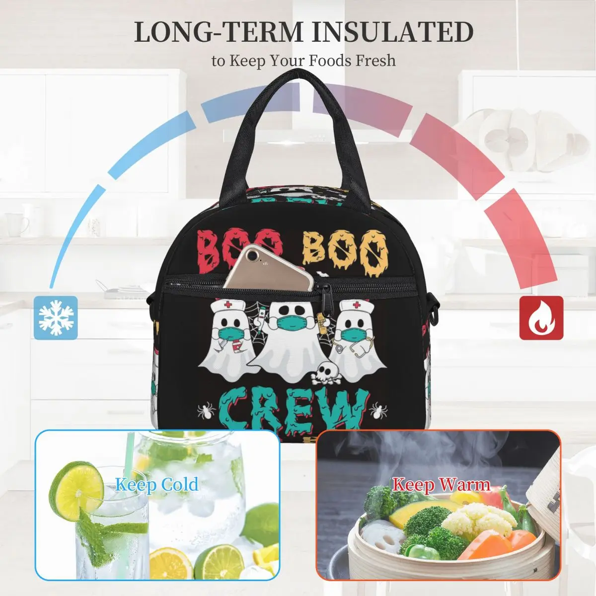 Boo boo tripulação enfermeira halloween fantasma traje almoço sacos bento caixa à prova dwaterproof água almoço tote sacos de piquenique saco térmico para mulher trabalho