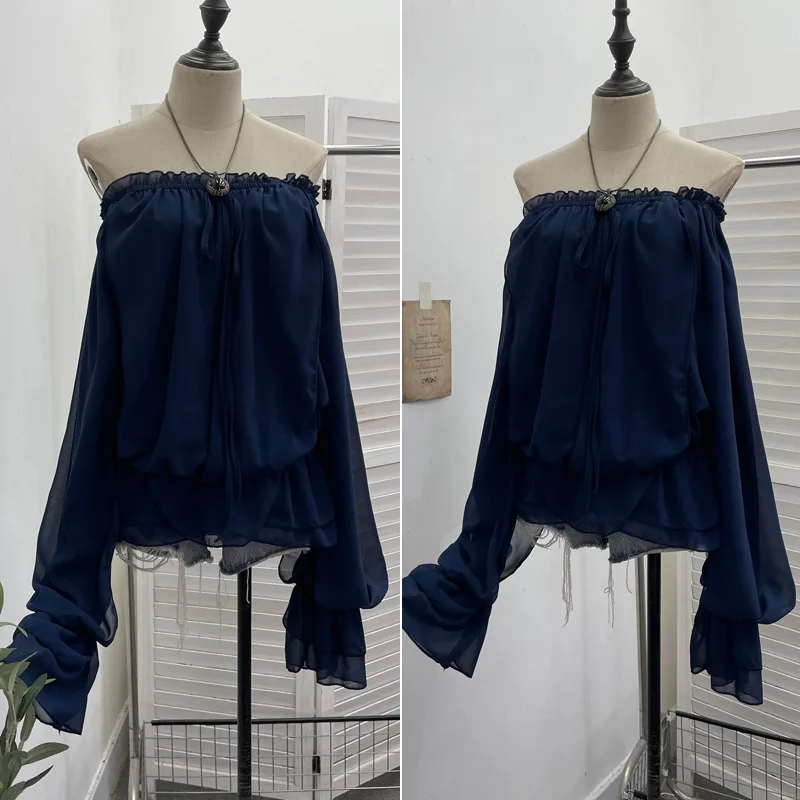 Bluzka damska z szyfonu z odkrytymi ramionami, jesień, wiązana, z długim rękawem, z falbankami, luźna.