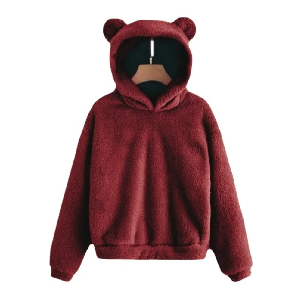 

Warm Long Sleeve Bear Ear Hoodies Outwear Fuzzy Plush Hoodies Pullover Clothes Solid Color Fleece Sweatshirt Winter
