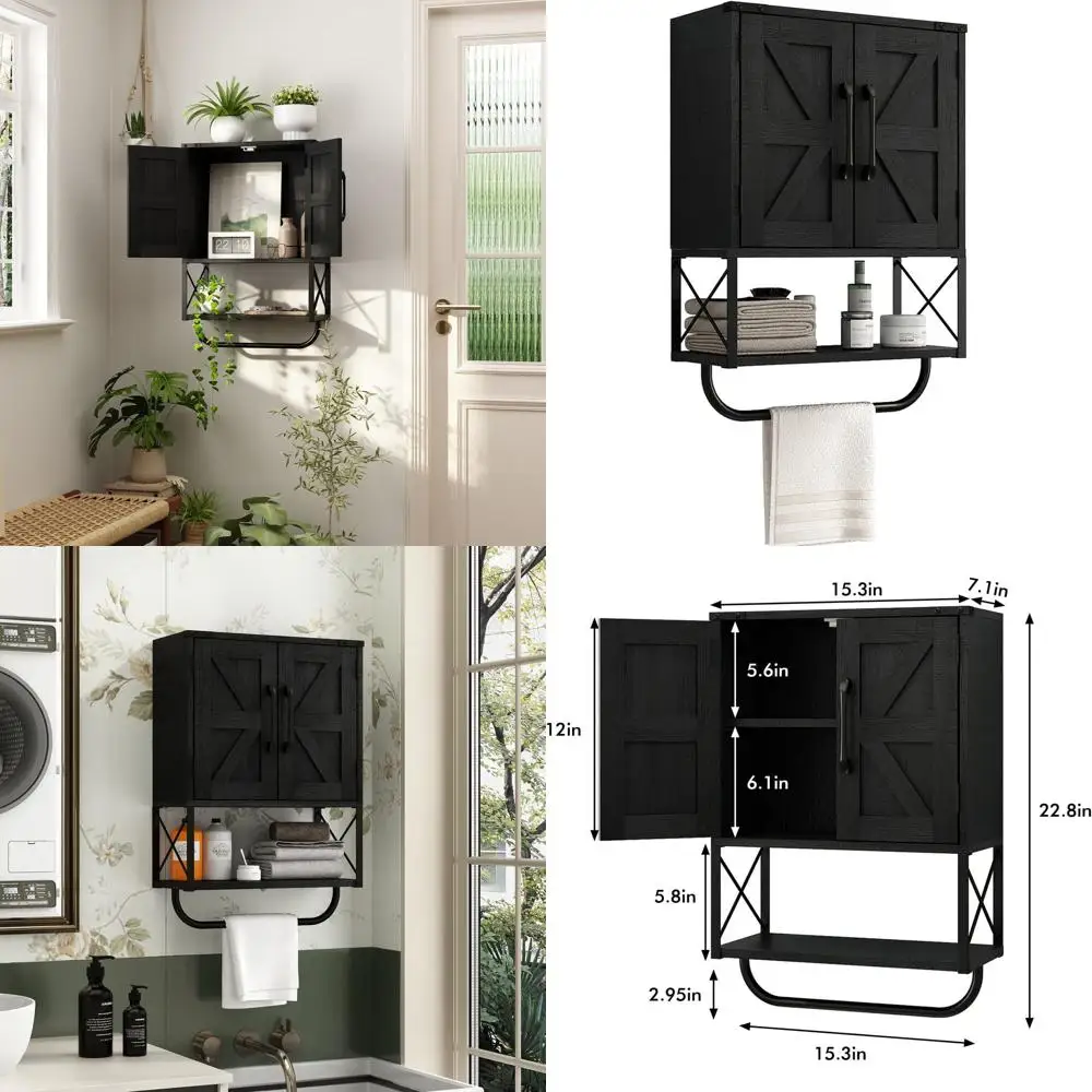 

Rustic Barn Door Medicine Cabinet with Adjustable Shelf and Towel Bar for Wall Mount in Black