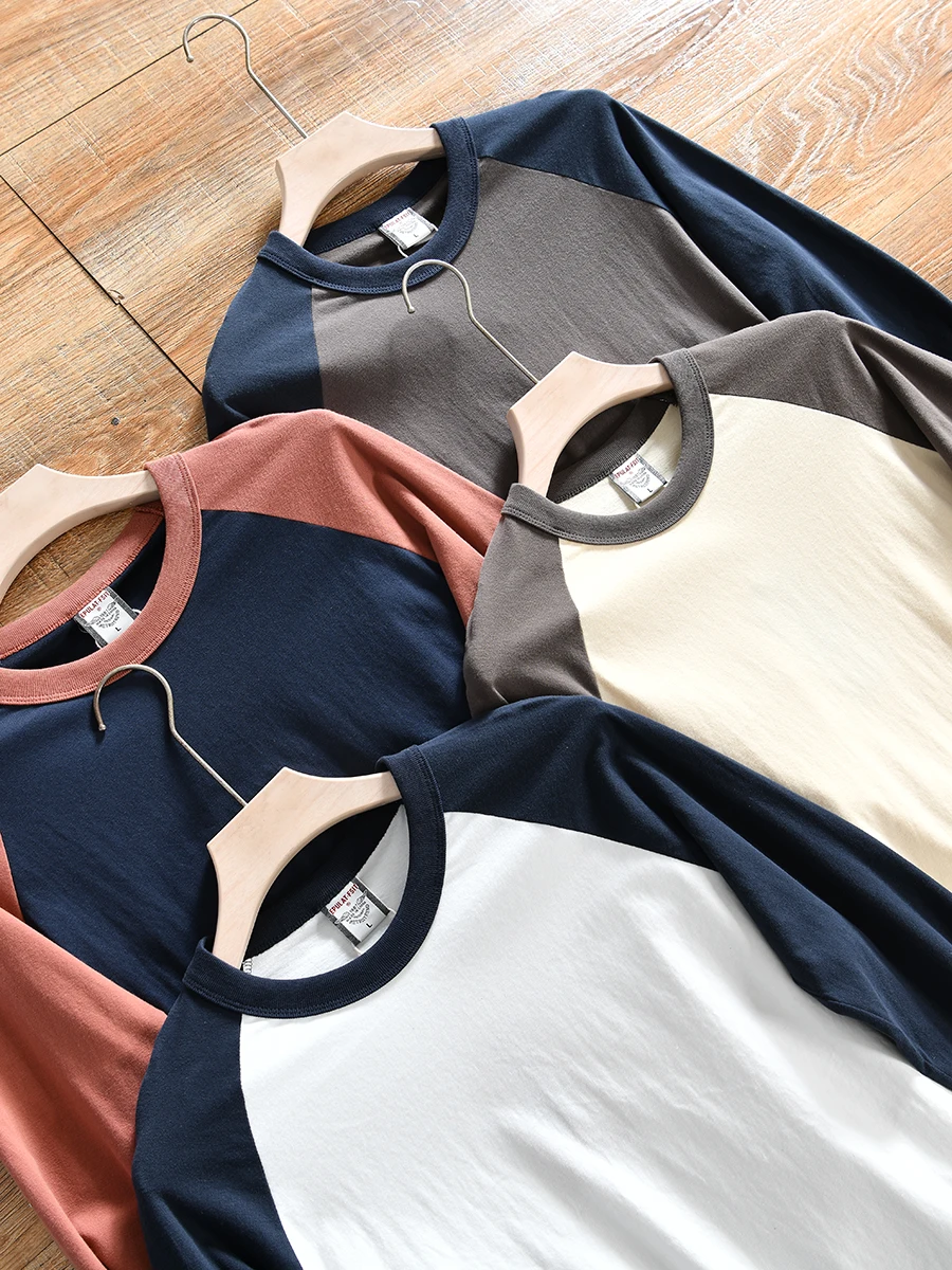 HK Order 100% Brushed Cotton Shoulder Sleeve T-Shirt Men's American Casual round Neck Long Sleeve Trendy Spring New Arrival