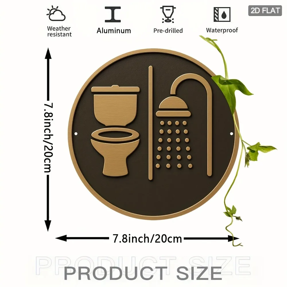 Modern Minimalist Bathroom Icon 2D Flat Tin Sign - Brushed Gold Toilet & Shower Graphic Themed Wall Decor for Bathroom, Hotel, S