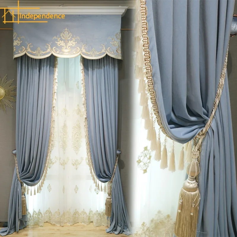 Light Luxury European Style Villa Pure Blue Blackout Simple and Elegant Velvet  Curtains for Living Dining Room Bedroom