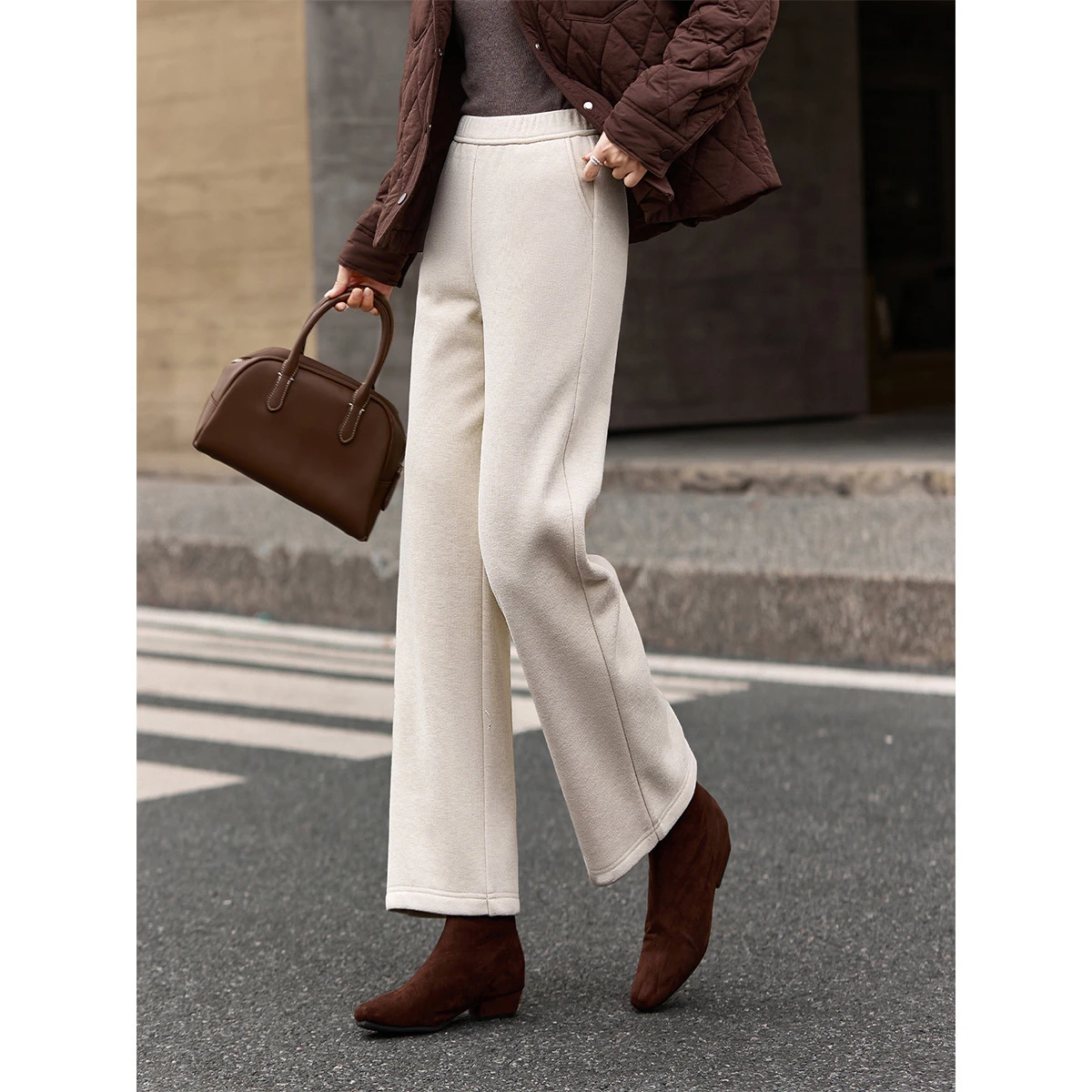 VIMLY Casual Trousers for Women 2025 Winter Fleece Lined Elastic Waist Straight Leg Long Sweatpants Warm Women Bottoms A3236