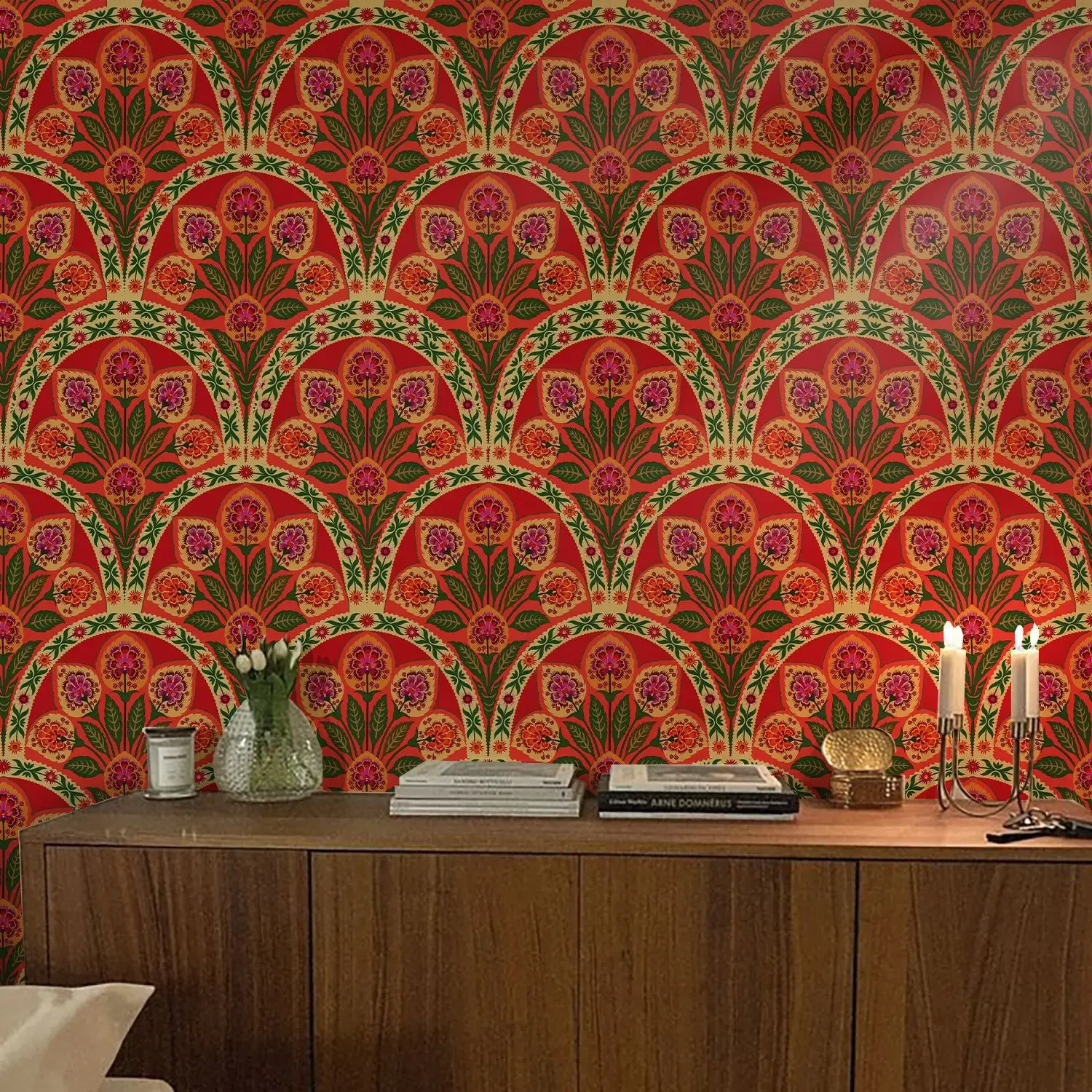 Vintage Peel and Stick Wallpaper Red Floral Contact Paper Self-Adhesive Trellis Wallpaper for Bedroom Living Room Decor Cabinets
