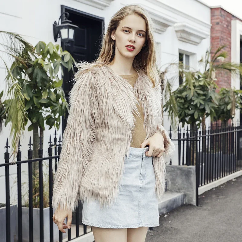 

Autumn Winter Coat Jacket Hairy Collarless Overcoat Furry Fur Coat Women Fluffy Warm Long Sleeve Female Outerwear
