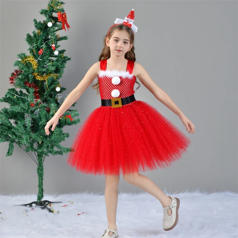New Sweet and Stylish Children's Christmas Costumes Santa Claus Performance Outfit for Girls Character Dress-Up with Tulle Skirt