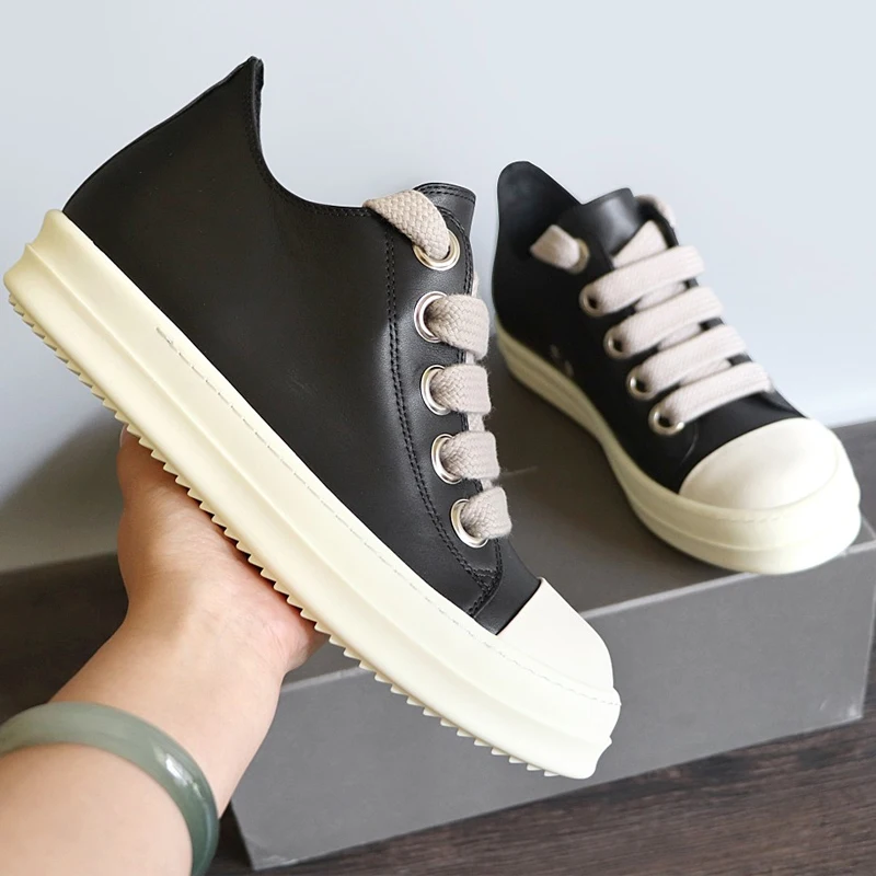 Men's Shoes Genuine Leather Jumbo Shoelace Women's Sneakers Fashion Black Lace-up O-wen Men's Casual Shoes