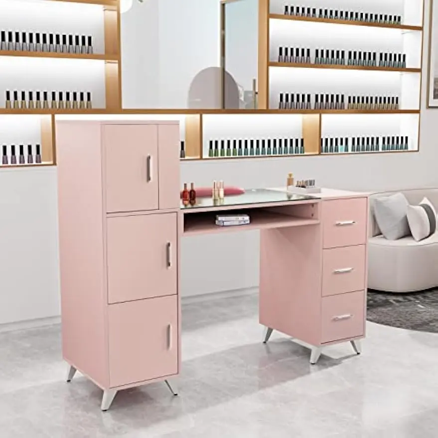 Nail Tech Manicure Workstation Acetone Resistant Glass Top Wrist Rest Beauty Salon Decor Nail Supplies 3 Side Cabinet 3 Drawers