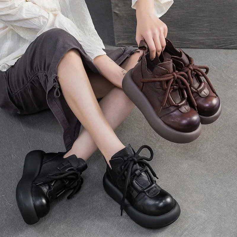 

2025hot Selling Women Top Quality Leather Platform Boot Autumn Handmade Thick Soled Ankle Boots Lace-Up Round Toe Platform Shoes