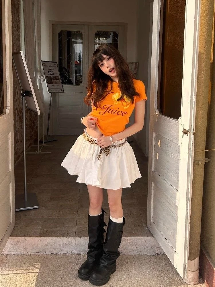 Oranje Bloem Brief Afdrukken T-shirts Streetwear Vintage Bodycon Fee T-shirts Zomer Vrouwen Y2k Esthetische Grunge Tops