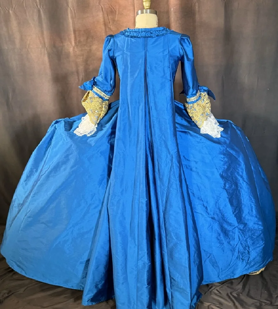 Nostalgic Blue Rococo Prom Dress With Gold Appliques Long Sleeves Ruffles Victorian Duchess Evening Dress French Baroque Party