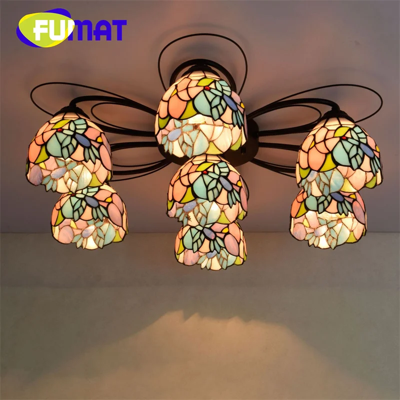 FUMAT Tiffany glass American style Bird flower multi-head pendant light deco restaurant Hotel bar bedroom aisle ceiling light