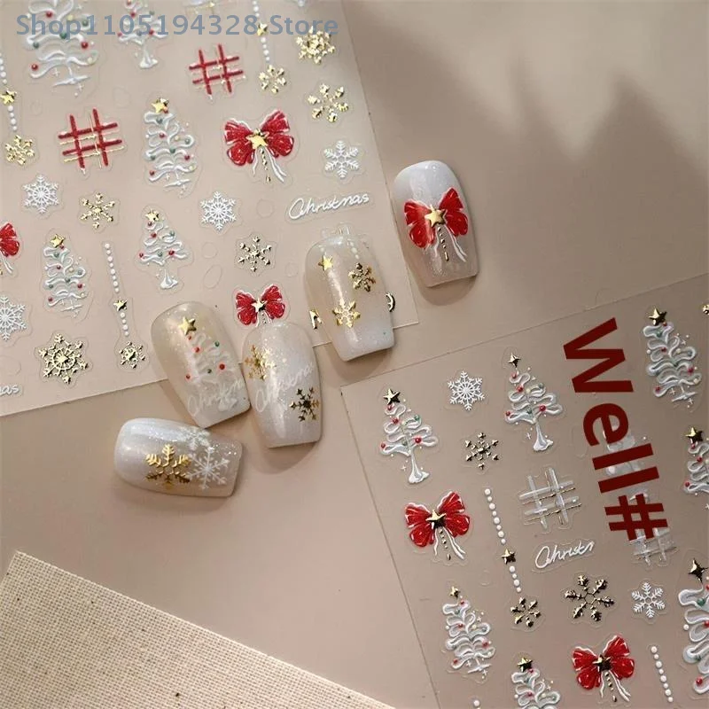 [MP]1 Pcs Christmas Style Cute White Snowflake Nail Art Stickers Red Bow Embossed Print Festive Nail Decorations