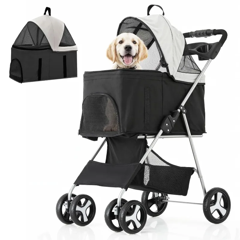 3 in 1 Foldable Pet Stroller for Small & Medium Dogs, Detachable Carrier, Car Seat, Push Button Entry, 4-Wheel Jogger for Pets