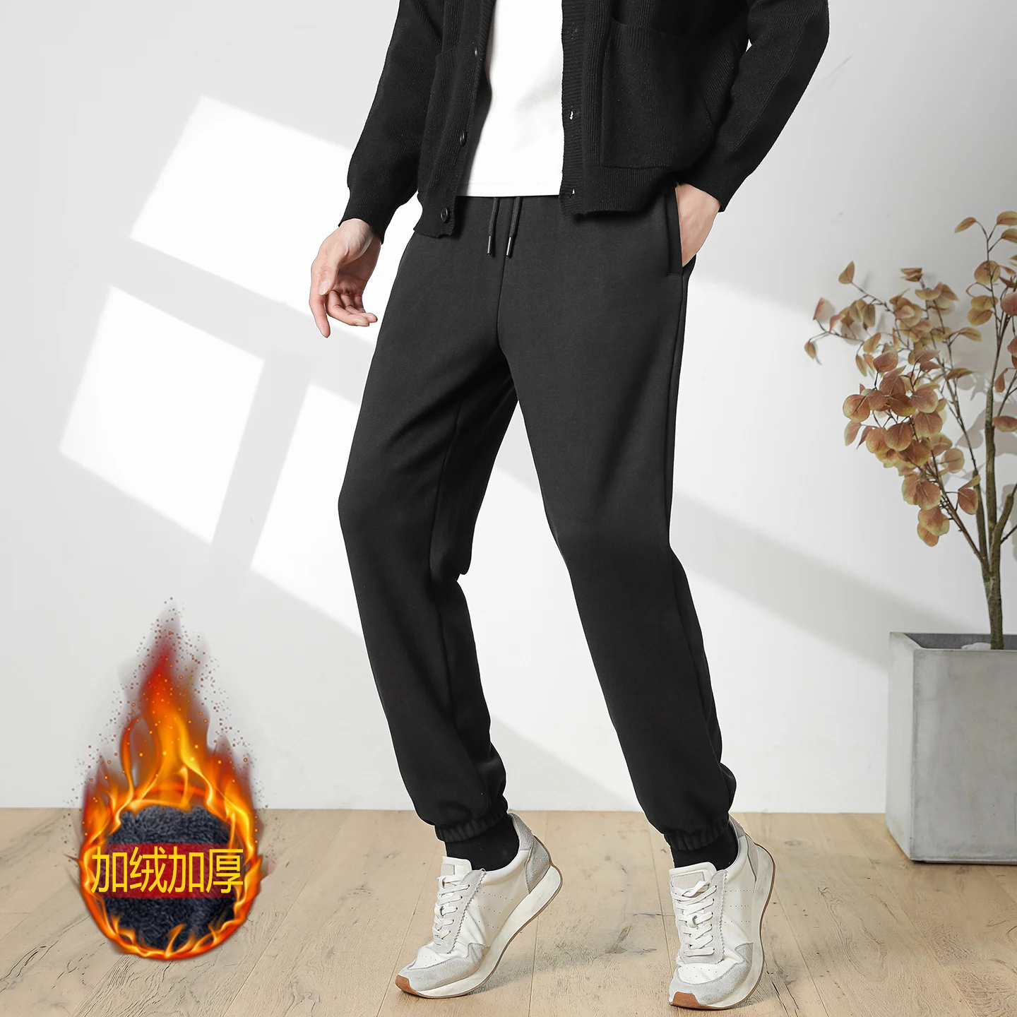 

Winter Wool and Silk Warm Pants For Men Simple All Match Thick Full Length Men's Joggers Pants Slim Elastic Sports Trousers Male