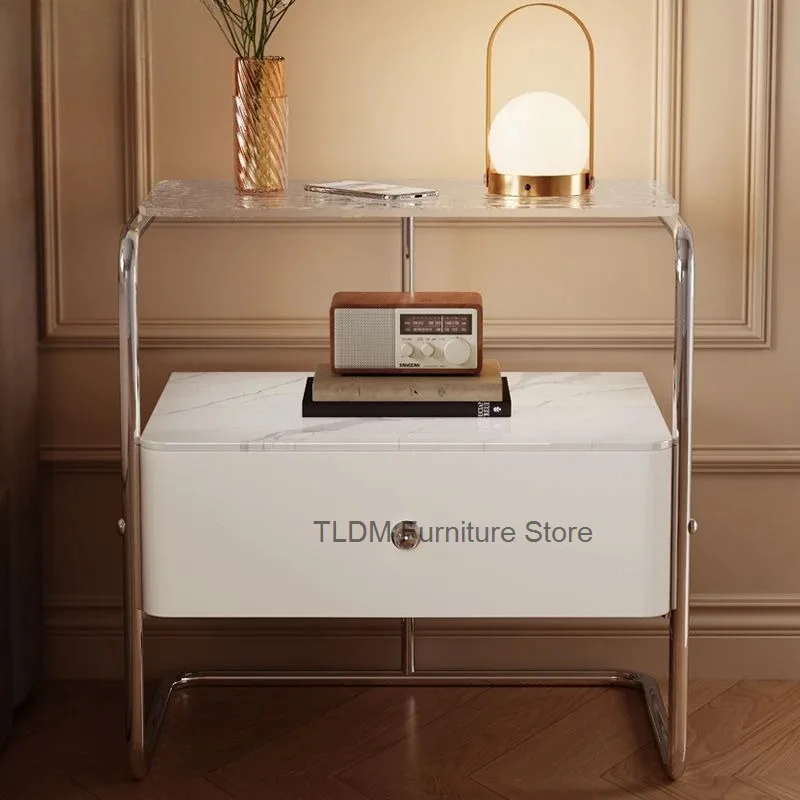 Double Layer Side Table Transparent Upper Panel Marble Texture Drawer Cabinet Metal Frame Bedroom Nightstand Storage Rack