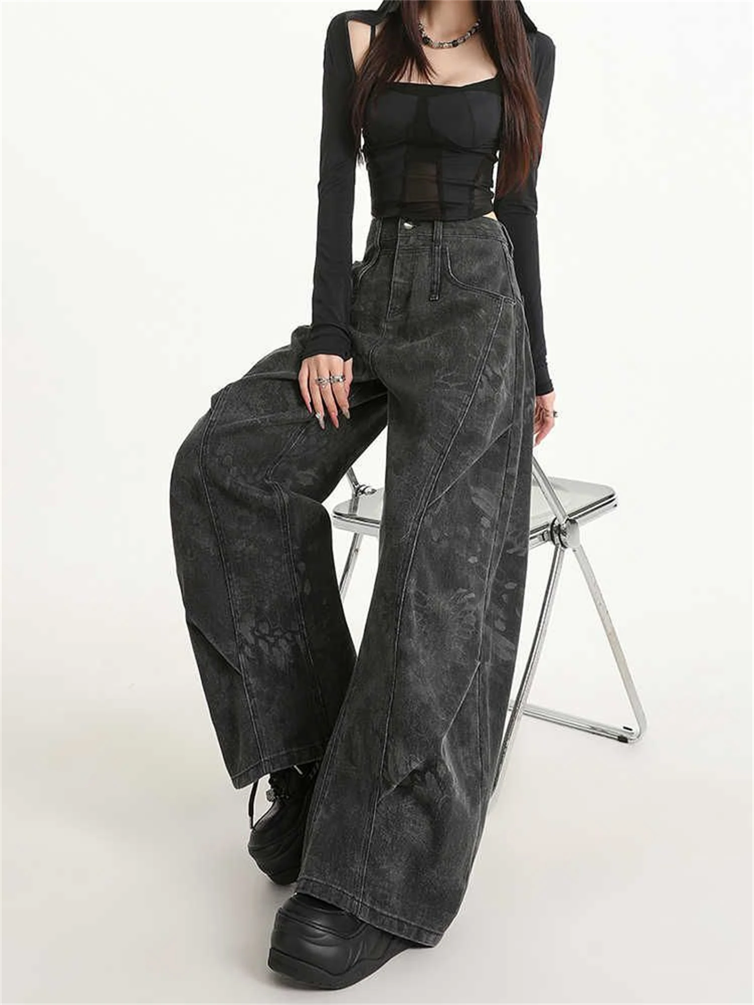 Celana Jeans Wanita Y2K Pinggang Tinggi Model Kaki Lebar Hitam Motif Subtil Gaya Gothic Streetwear Longgar