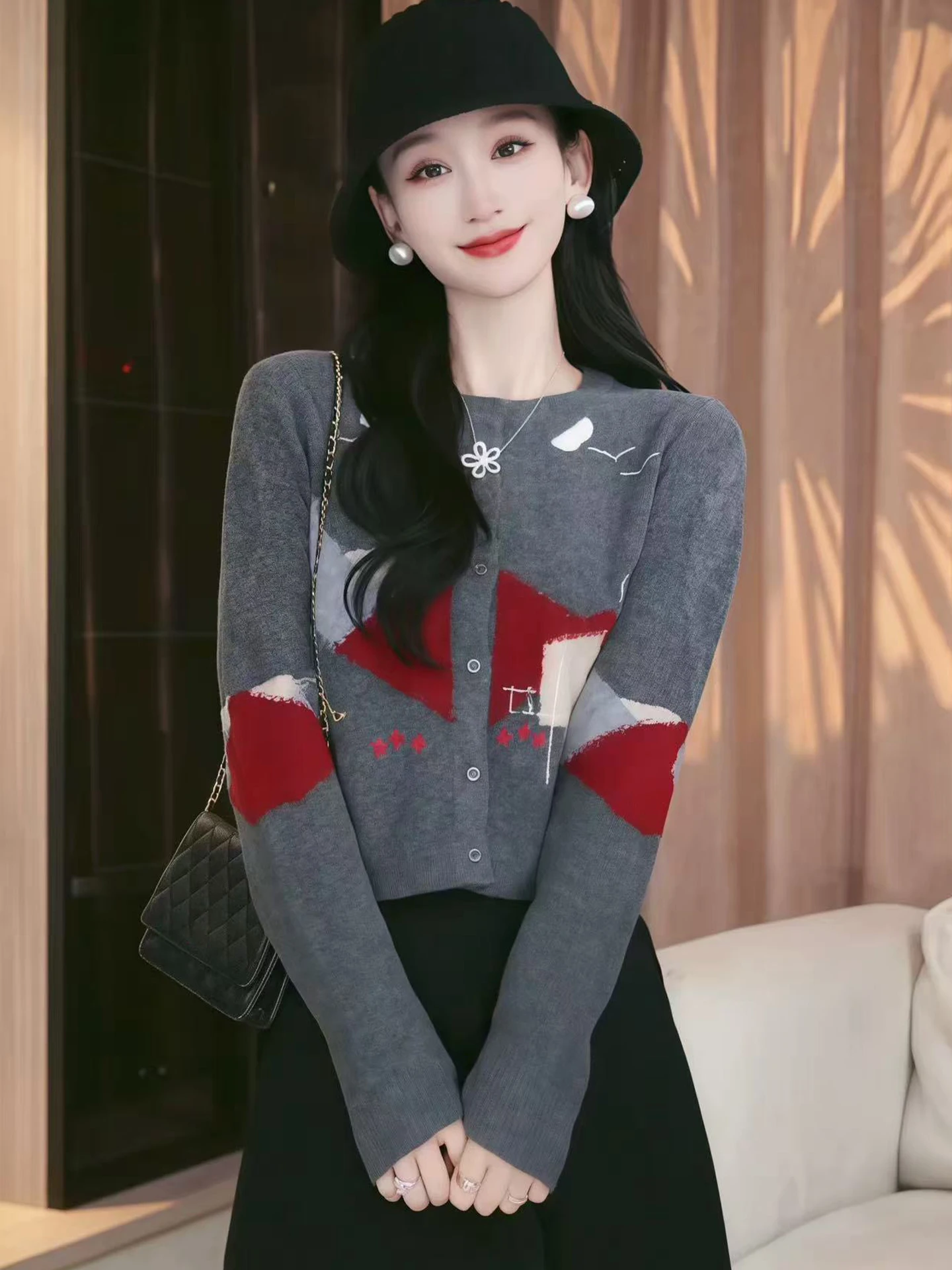 

Корейский стильный вязаный свитер с длинными рукавами и цветовыми блоками, на одной пуговице, универсальный женский модный зимний топ