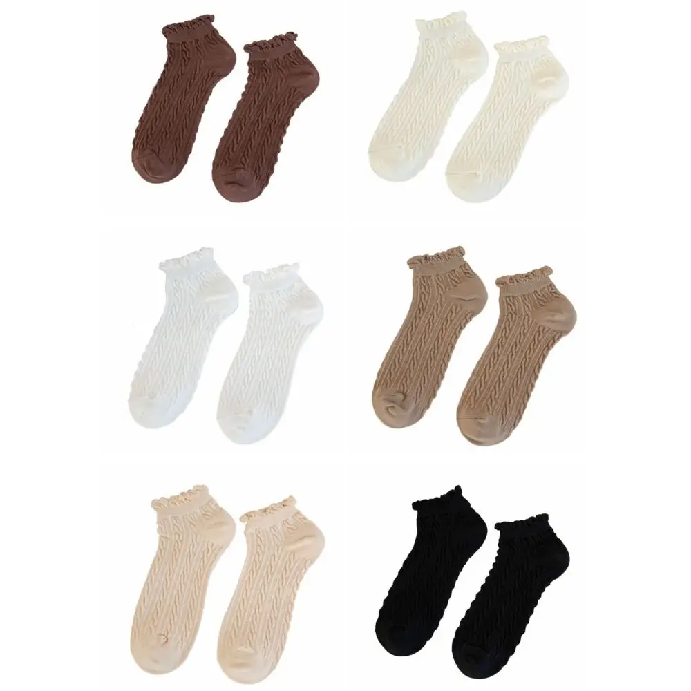 6Pairs Sweet Solid Color Ruffled Edge Socks JK Twist Mid-Calf Socks Shallow Mouth Casual Tube Sock Women For Girl Female