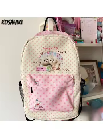 Contrast Color Kawaii Sweet Cat Dot Backpacks Y2k Vintage Patchwork Preppy Schoolbags High-capacity Students Cute Bags for Women