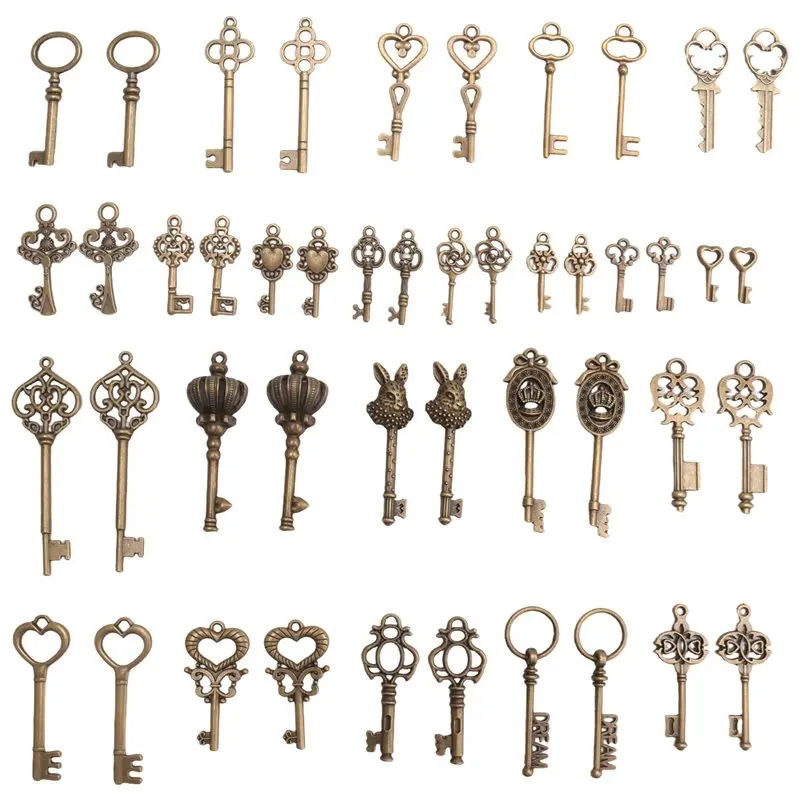 HITL 46Pcs/Set Mix Kit Old Looking Retro Antique Brass Bronze Decorative Vintage Key for Steampunk Charms Pendant Jewelry