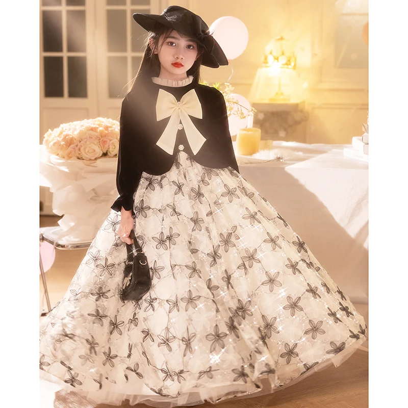 Girls' black velvet long-sleeved dress with embroidered mesh skirt and fluffy tulle