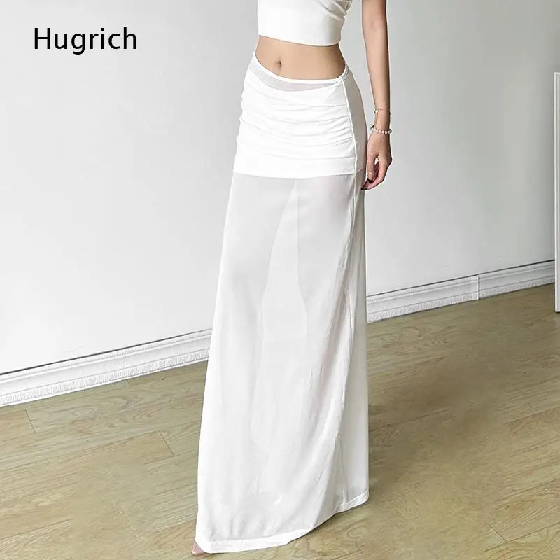 High Waist Ruched Wrap Skirt Double Layer Sheer Overlay Slim Long Skirt Casual Beach Vacation Bodycon Bottoms for Women