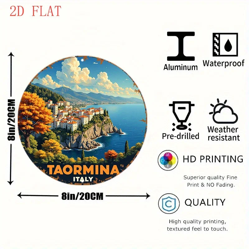 1pc Italian Taormina Italy-Themed Round Metal Wall Sign - Greek Island-Inspired Aeolian Islands Design, Sicily Landmarks, Turquo