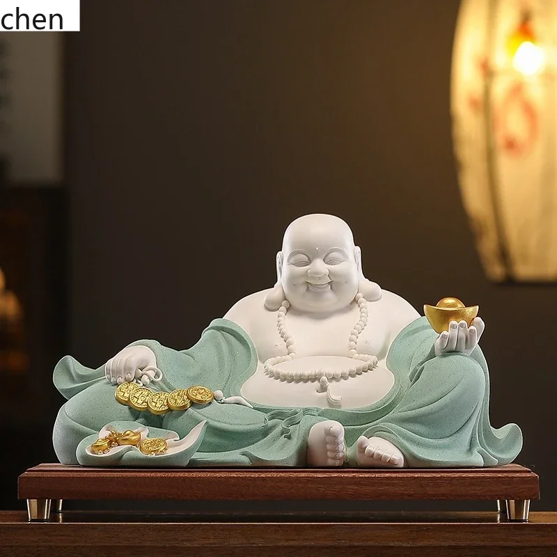 YFY Ceramic Maitreya Buddha Figurine Big Belly Happy  Wealth-Attracting Home  Worship White