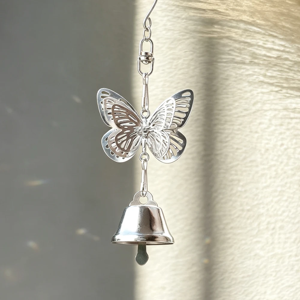 Silver Metal Butterfly Bell Suncatcher Pendant Hollow Insect Windchime Hanging Ornament for Patio Balcony Festival Decor 5.9g