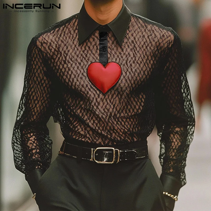 Sexy Stylish Style Tops INCERUN 2025 Men's Hollowed Love Pattern Shirt Party Show Male All-match Lapel Long Sleeved Blouse S-5XL