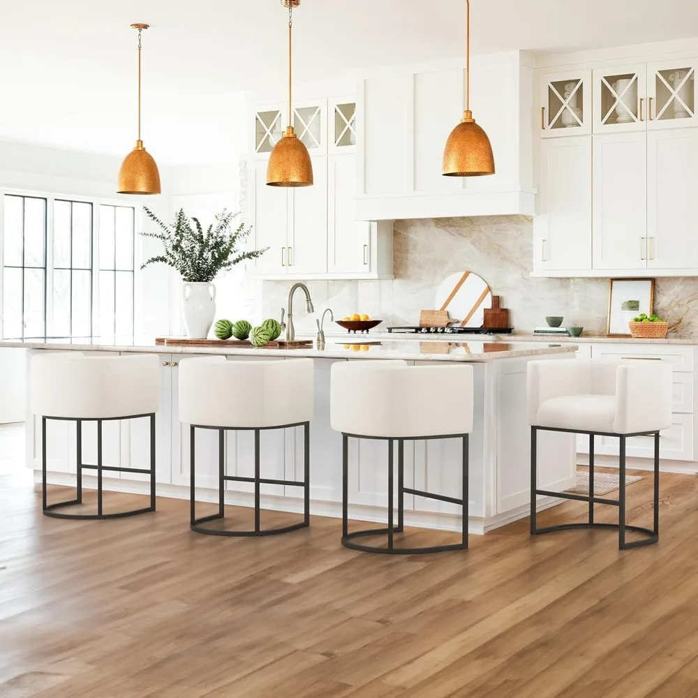 

Counter Height Bar Stools, Modern Barrel Counter Stools with Backrest and Arms, Metal Frames, Linen Fabric Upholstered Accent