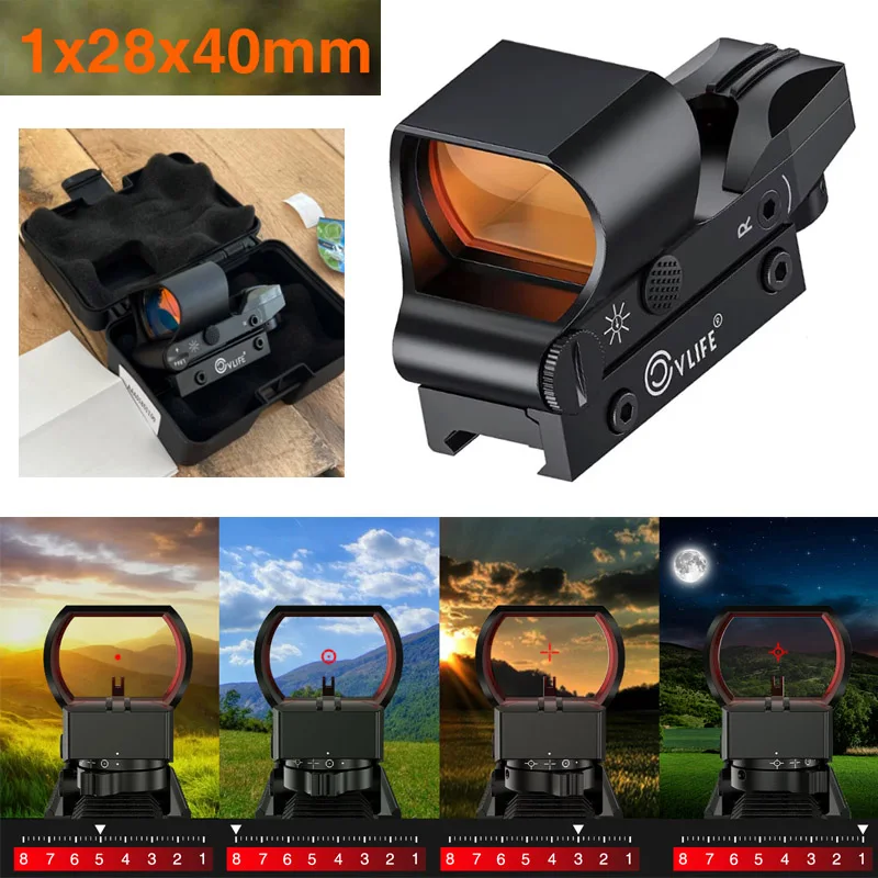 1x28x40mm Red Dot Sight Reflex Sight 4 Adjustable Reticle Red Dot Scope with 5 Brightness 20mm Rail Red Dot Optics for Hunting