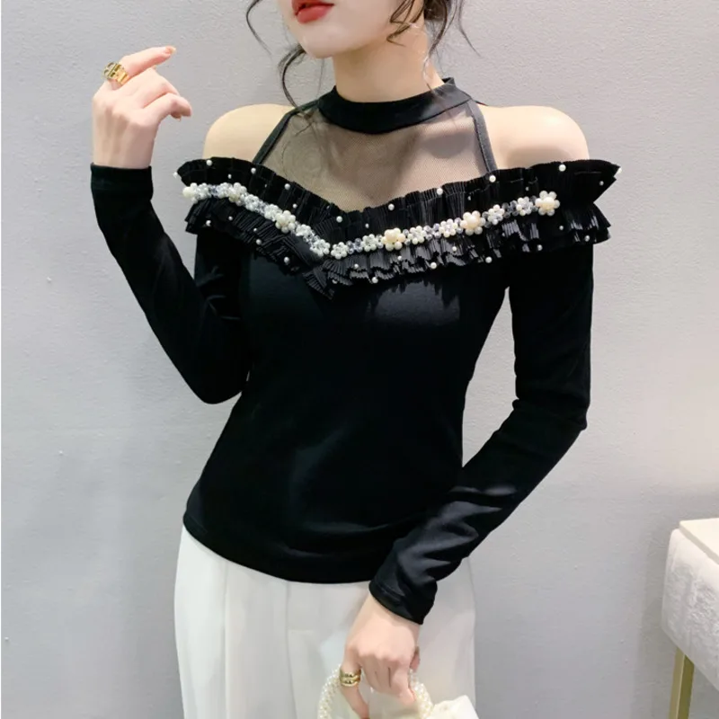 

#7015 Off Shoulder T Shirt Women Split Joint Mesh Ruffles Hollow Out Sexy Skinny Short Streetwear T Shirt Female Long Sleeve