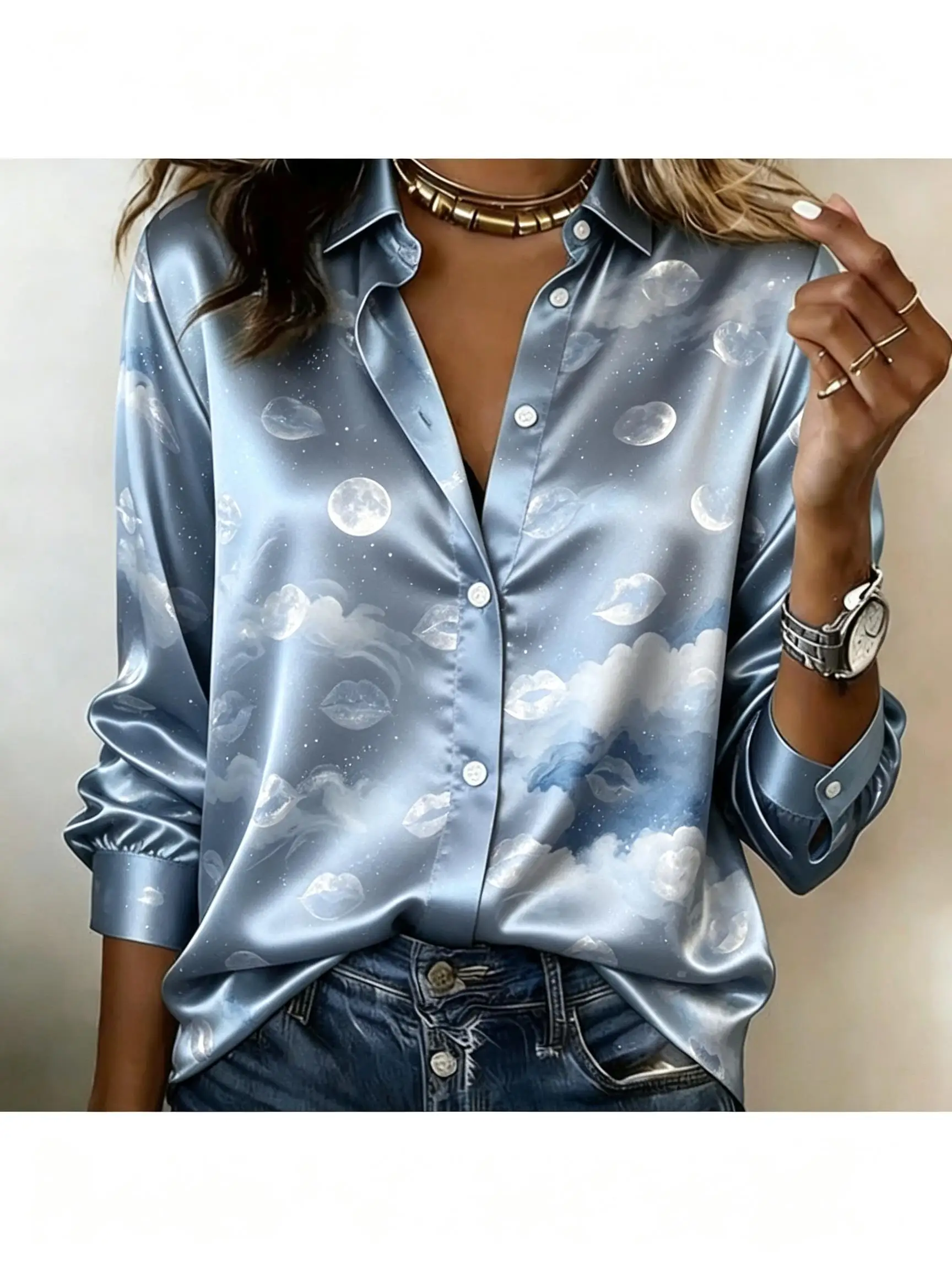 Women Tropical Floral Constellation Moon Print Lapel Collar Long Sleeve Shirt Loose Button Down Casual Fashion Blouse Tops