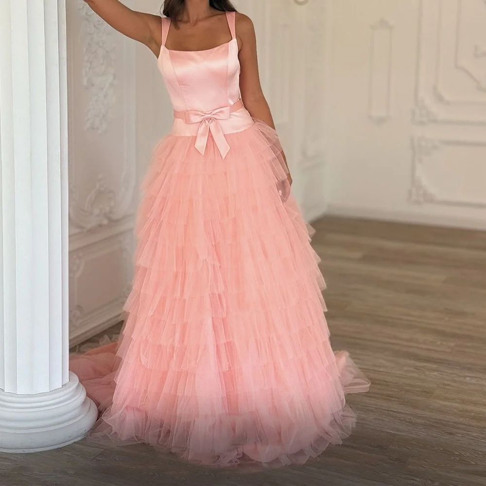 

Customized A-line Evening Dresses Floor-length Square Collar Sleeveless Prom Gown Fashion Bow Simple Tiered Draped Party Gown