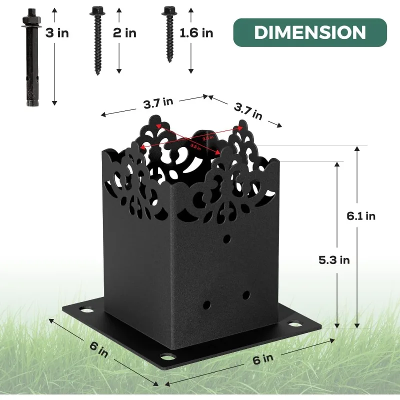 Creative Design 4x4 Post Base, Bolt Down Post Base Wood Post Ground Anchor, Fit 3.5''x3.5'' Square Wood   (Black - Set 6)