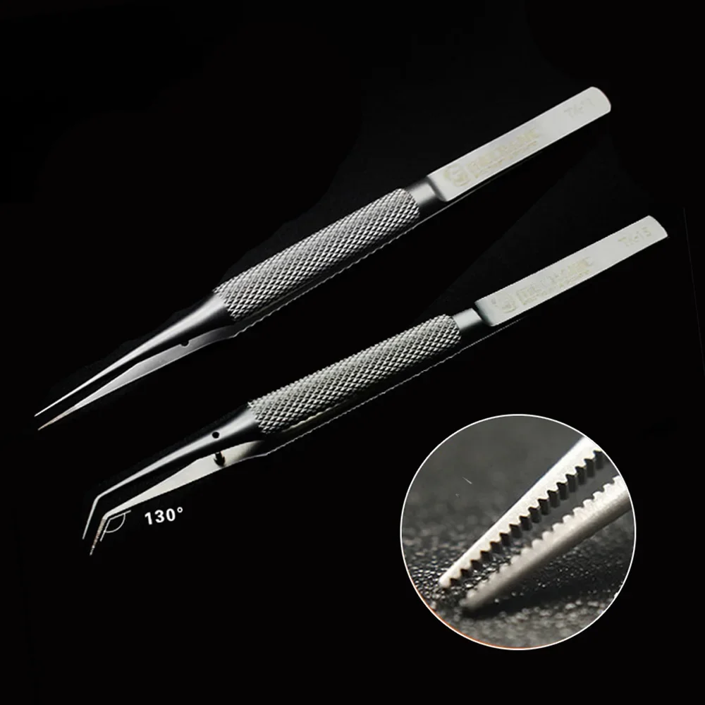 High-Precision Microscope Tweezers Chip IC Plant Tin Tweezers Tip Bend Tweezers Stainless Steel Toothed Antiskid No Magnetic