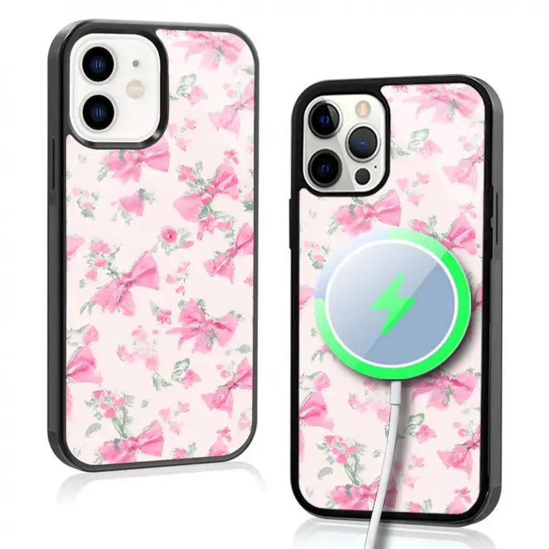 

Preppy Floral Bows Phone Case For IPhone 11 12 13 14 15 Plus Pro Max Mirror Acrylic Cover For Magsafe Wireless Charging