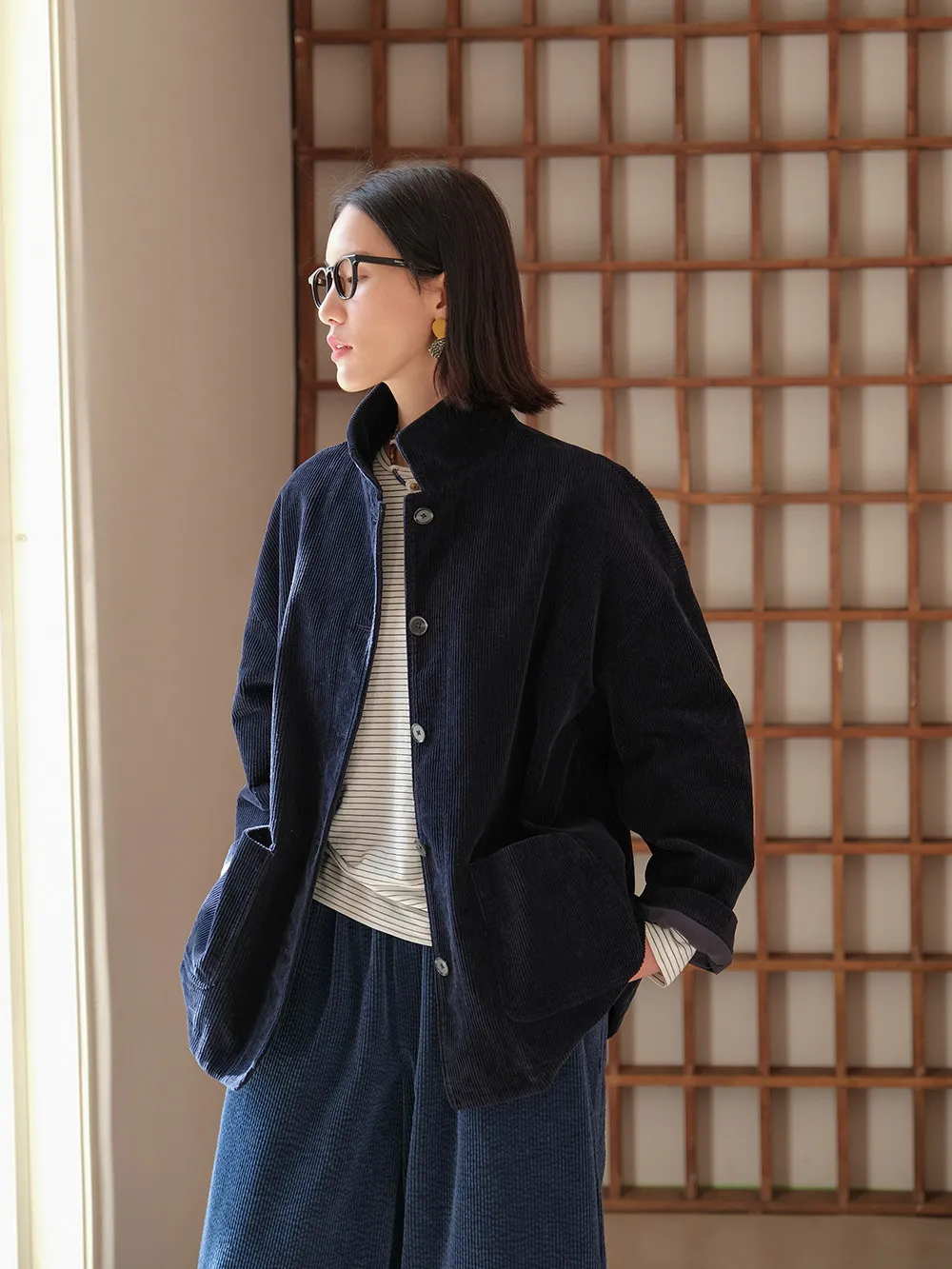 

Mallin Spring 2026 Women's Casual Artistic Cotton Corduroy Jaet Medium-Length Outerwear Comfortable Loose Fit Long Sve