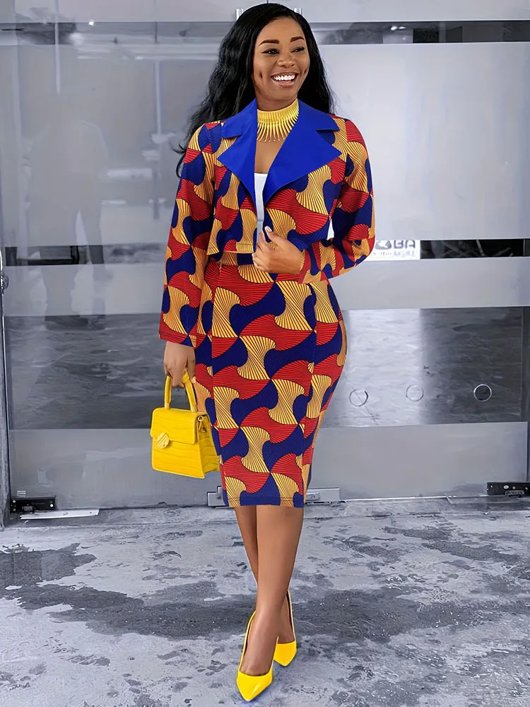 

Элегантный офисный костюм для женщин с принтом: комплект из 2 предметов, пиджак с длинным рукавом и юбка до колен, стильный набор для клуба.