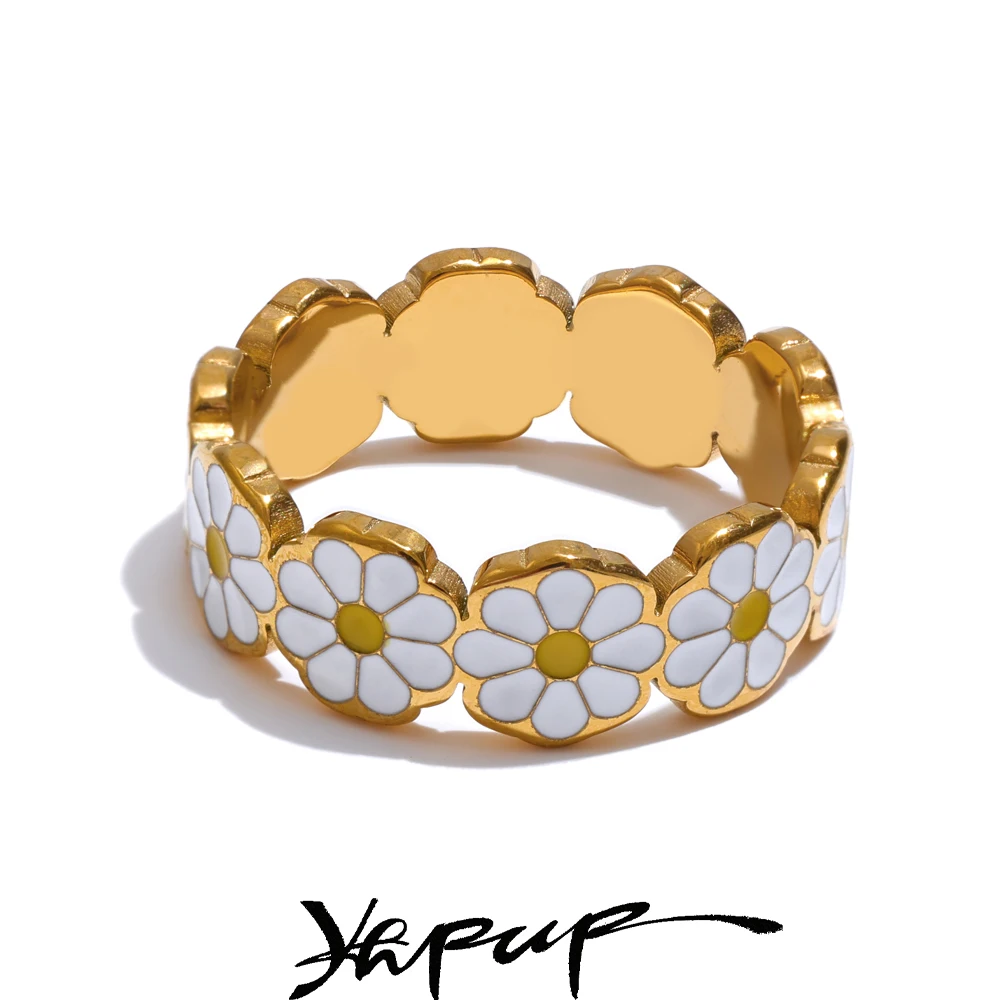 

Yhpup 6789# New White Enamel Daisy Flower Golden PVD Stylish Ring for Women Girl Stainless Steel Exclusive Fashion Daily Jewelry