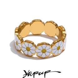 Yhpup 6789# New White Enamel Daisy Flower Golden PVD Stylish Ring for Women Girl Stainless Steel Exclusive Fashion Daily Jewelry